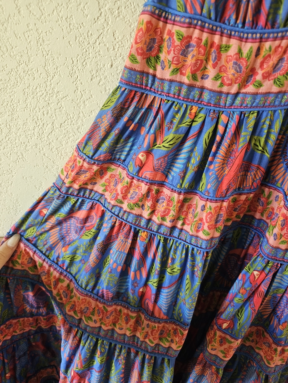 Farm Rio Blue Macaw Tie Shoulder Tiered Midi Dress - Picture 4 of 12